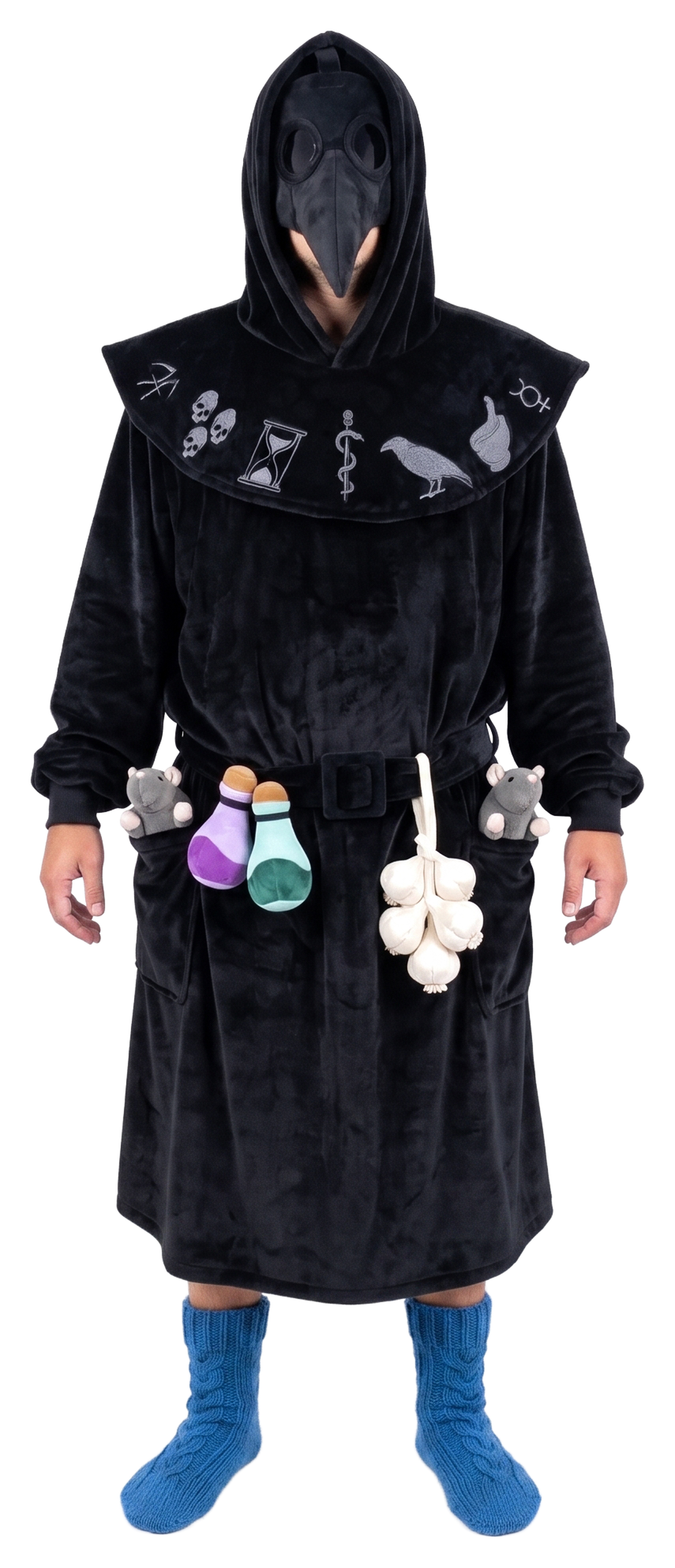 Man wearing the black Plague Doctor hooded blanket robe with beak mask, potions, garlic and rats, cut out on transparent background