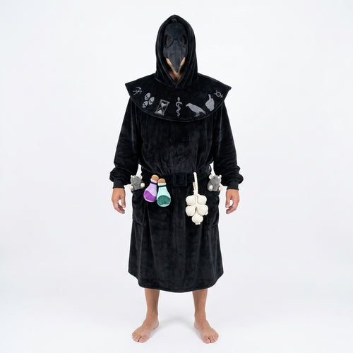 Man wearing black Plague Doctor hooded blanket robe with beak mask, plush rats, potions and garlic on the belt