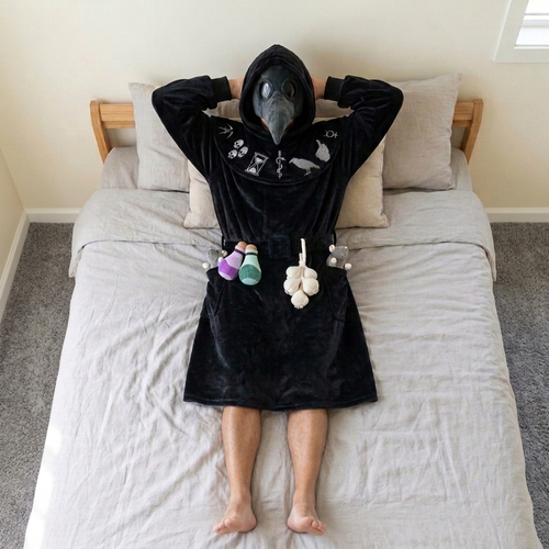 Man lying on a bed in the black Plague Doctor hooded blanket robe and plush beak mask, with potions, garlic braid and plush rats on the belt