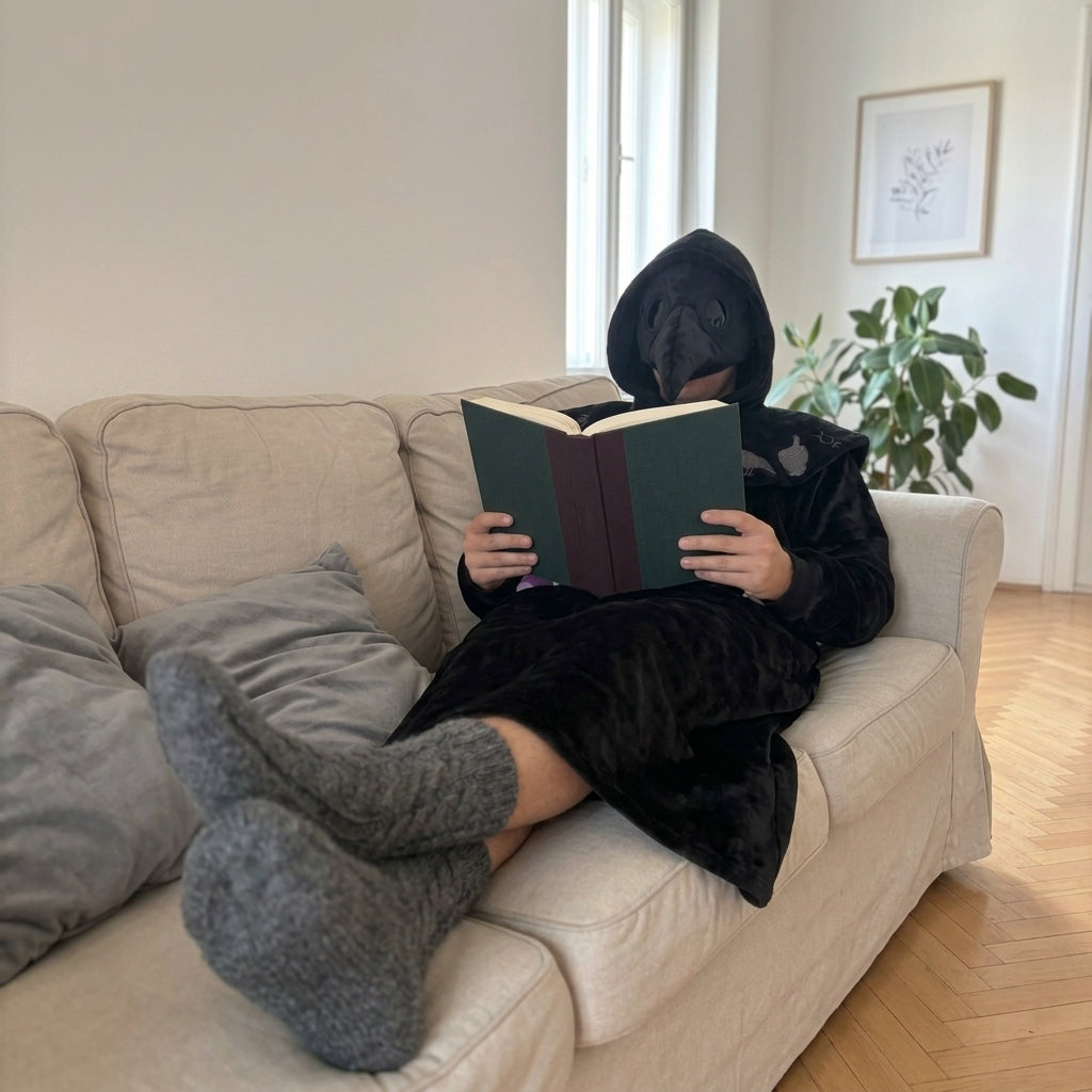 Man reading a book on a couch in the black Plague Doctor wearable hooded blanket robe with plush beak mask