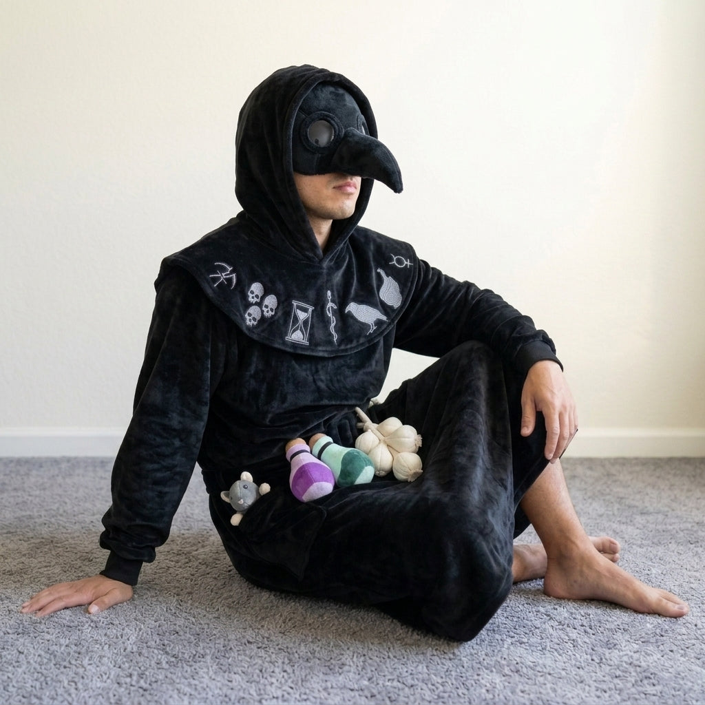 Man sitting on the floor in the black Plague Doctor hooded blanket robe and beak mask with plush potions, garlic and rat in the pocket