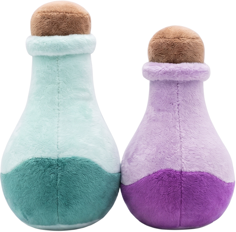 Two apothecary potion bottles with cork stoppers, lavender and mint