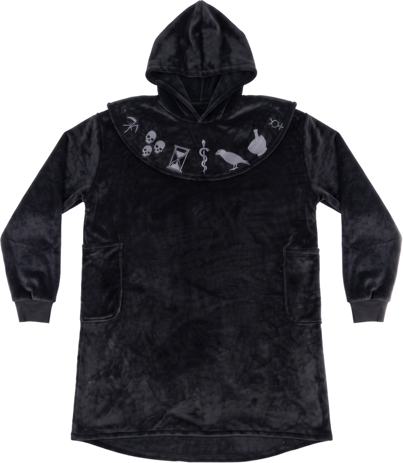 Black Plague Doctor hooded blanket robe with embroidered apothecary sigils
